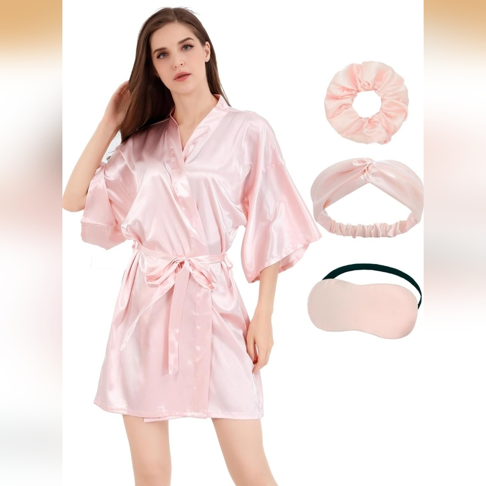 Elegant Ladies Silky Satin Pink 3pc. Robe Set Size L/XL